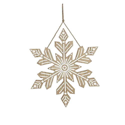 A wooden snowflake with a twine hanger.